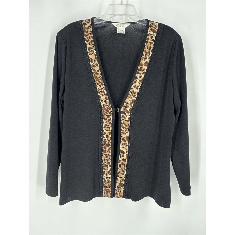 Exclusively Misook Black Cardigan Sweater With Leopard Print Ruffle Accents‎ L
